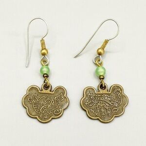 Asian Bronze and Green Stone Dangle Earrings